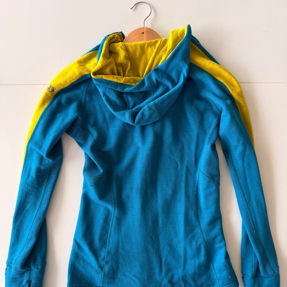 Icebreaker Wool Teal Blue Hooded Jacket with Yellow Stripes - Picture 3 of 4